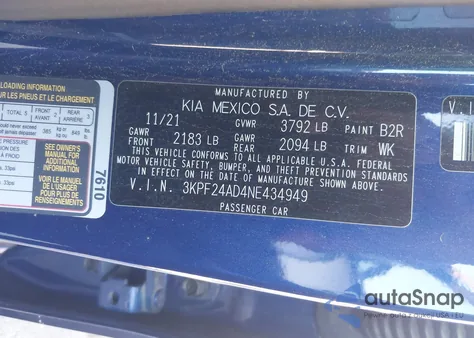 2022 Kia Forte Lxs из США, поврежденный, VIN 3KPF24AD4NE434949